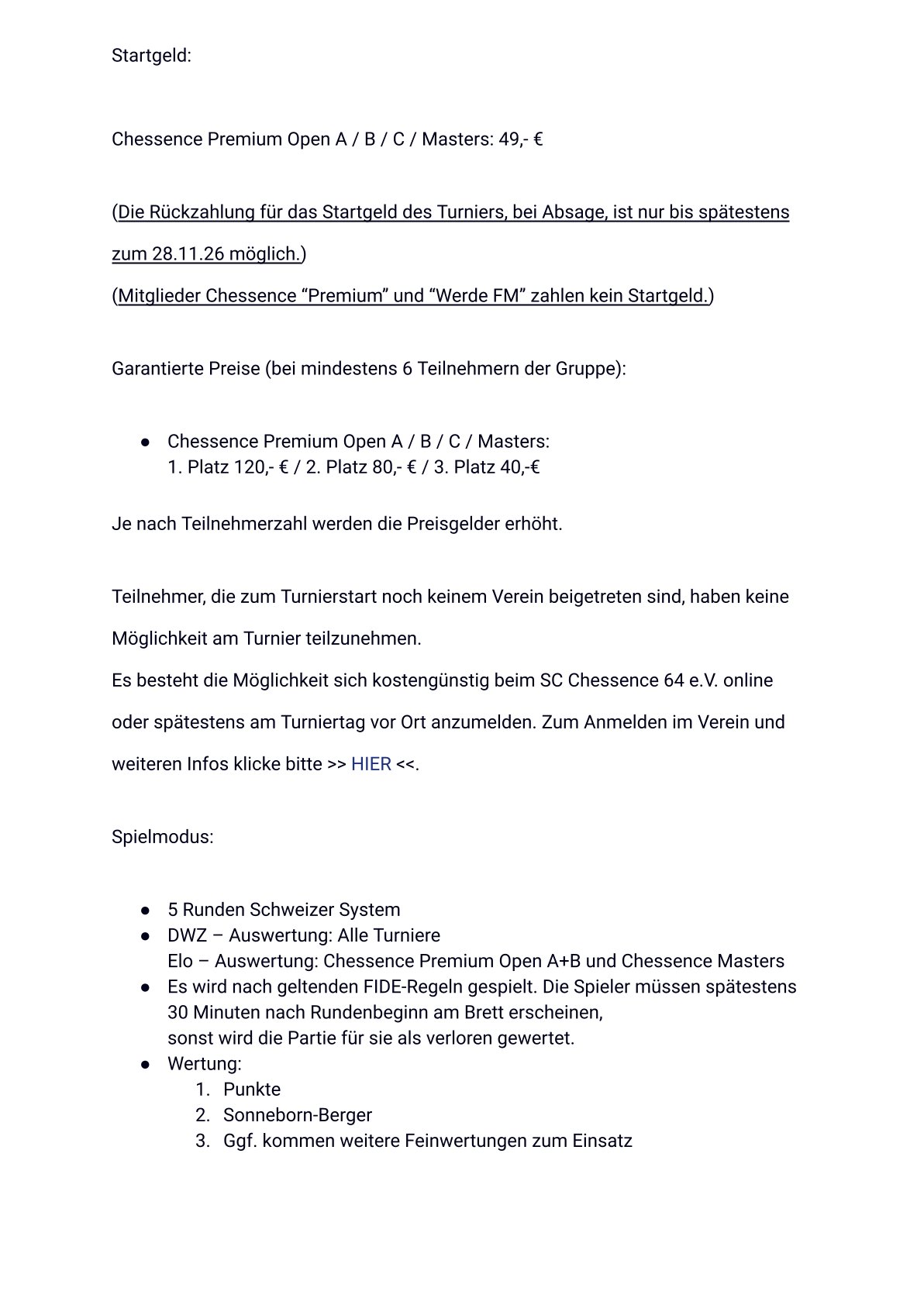 Ausschreibung 15. Chessence Open 2